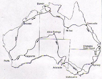 Route of the cars around Australia